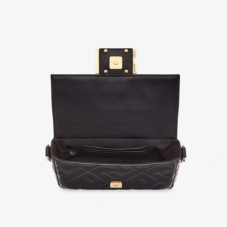 Affordable Baguette Black Bag FF Leather In Mini Motif Fendi Nappa 0727